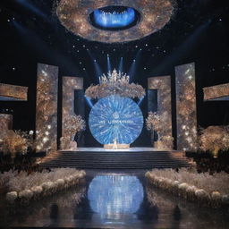 A large, grand stage meant for the Miss Universe competition, adorned with luxurious furnishings, an impressive runway, and glimmering lights. The backdrop features symbols of various nations, with an audience area full of happening and eager faces.