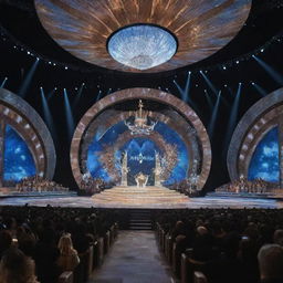 A large, grand stage meant for the Miss Universe competition, adorned with luxurious furnishings, an impressive runway, and glimmering lights. The backdrop features symbols of various nations, with an audience area full of happening and eager faces.