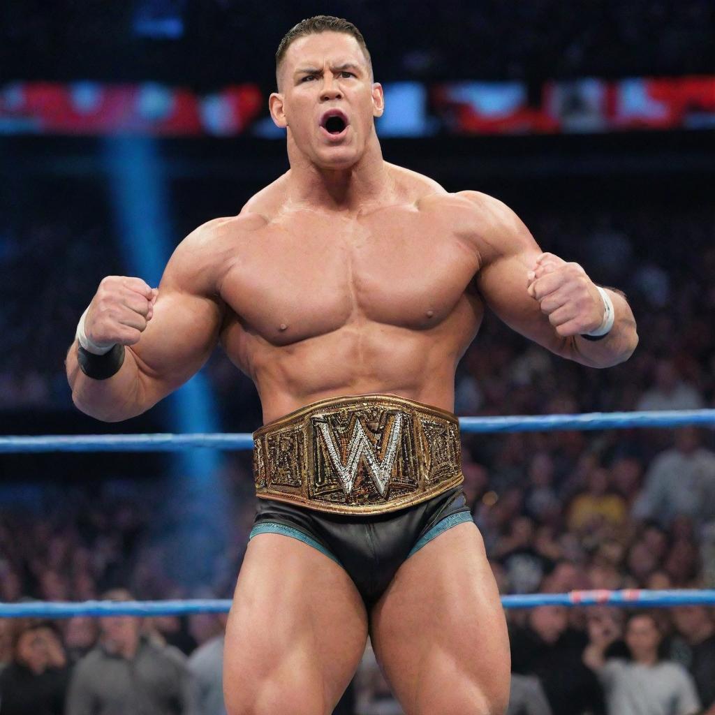 John Cena in his WWE attire posing dynamically in the wrestling ring