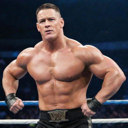 John Cena in his WWE attire posing dynamically in the wrestling ring