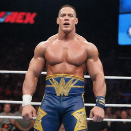 John Cena in his WWE attire posing dynamically in the wrestling ring