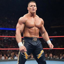 John Cena in his WWE attire posing dynamically in the wrestling ring