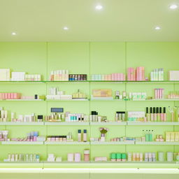 A fresh, light green-themed cosmetic shop interior, with pastel toned shelves showcasing a variety of skincare and makeup products.