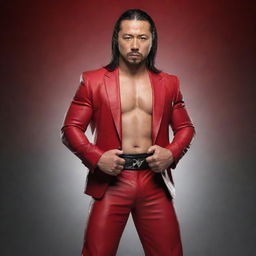 Create a striking image of WWE superstar Shinsuke Nakamura in his classic red ring attire, posed in his signature stance with an intense look on his face.