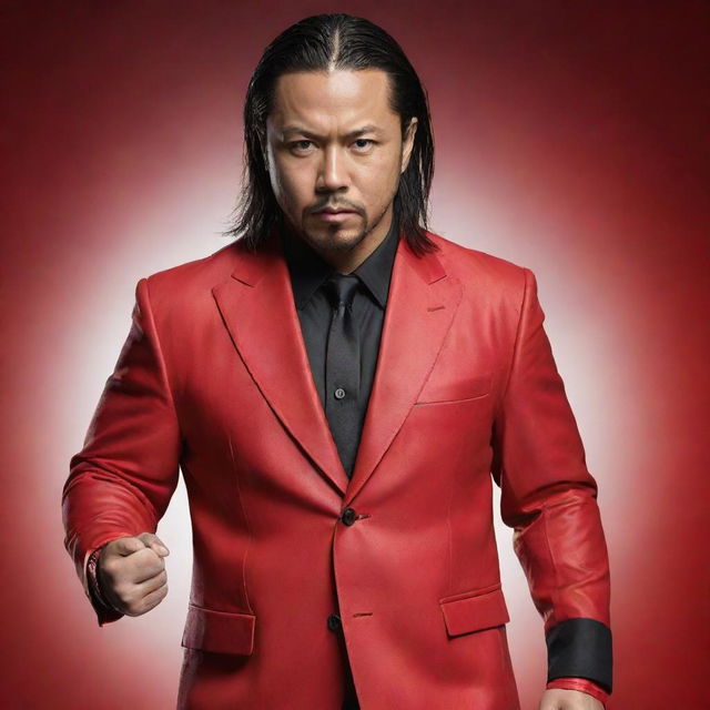 Create a striking image of WWE superstar Shinsuke Nakamura in his classic red ring attire, posed in his signature stance with an intense look on his face.