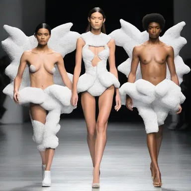 The fashion designer incorporated a unique costume piece into their collection inspired by the concept of costalgia, displaying exaggerated muscle-like designs on the chest.