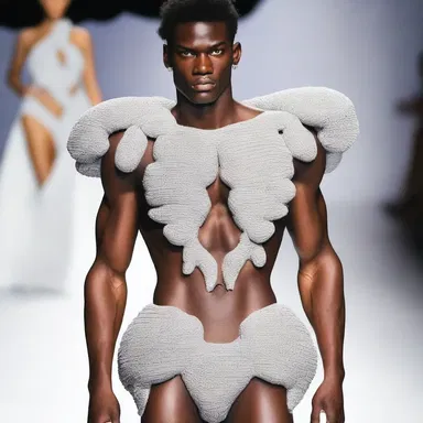 The fashion designer incorporated a unique costume piece into their collection inspired by the concept of costalgia, displaying exaggerated muscle-like designs on the chest.