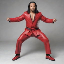 Create a striking image of WWE superstar Shinsuke Nakamura in his classic red ring attire, posed in his signature stance with an intense look on his face.