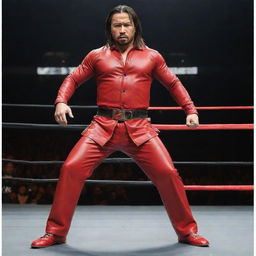 Create a striking image of WWE superstar Shinsuke Nakamura in his classic red ring attire, posed in his signature stance with an intense look on his face.