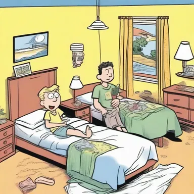 In the comic strip, the main characters shared a double-bedded room during their vacation.
