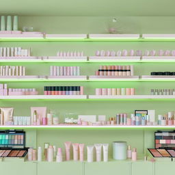 A fresh, light green-themed cosmetic shop interior, with pastel toned shelves showcasing a variety of skincare and makeup products.