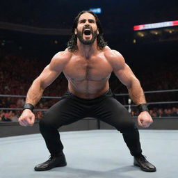 A detailed, high-quality image of WWE superstar Seth Rollins in his wrestling attire, energetically performing his signature move in a roaring WWE arena.