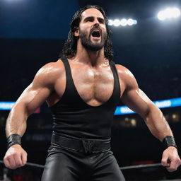 A detailed, high-quality image of WWE superstar Seth Rollins in his wrestling attire, energetically performing his signature move in a roaring WWE arena.