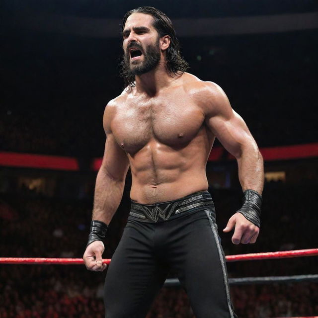 A detailed, high-quality image of WWE superstar Seth Rollins in his wrestling attire, energetically performing his signature move in a roaring WWE arena.