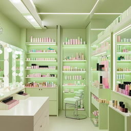 A fresh, light green-themed cosmetic shop interior, with pastel toned shelves showcasing a variety of skincare and makeup products.