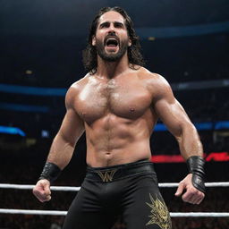 A detailed, high-quality image of WWE superstar Seth Rollins in his wrestling attire, energetically performing his signature move in a roaring WWE arena.