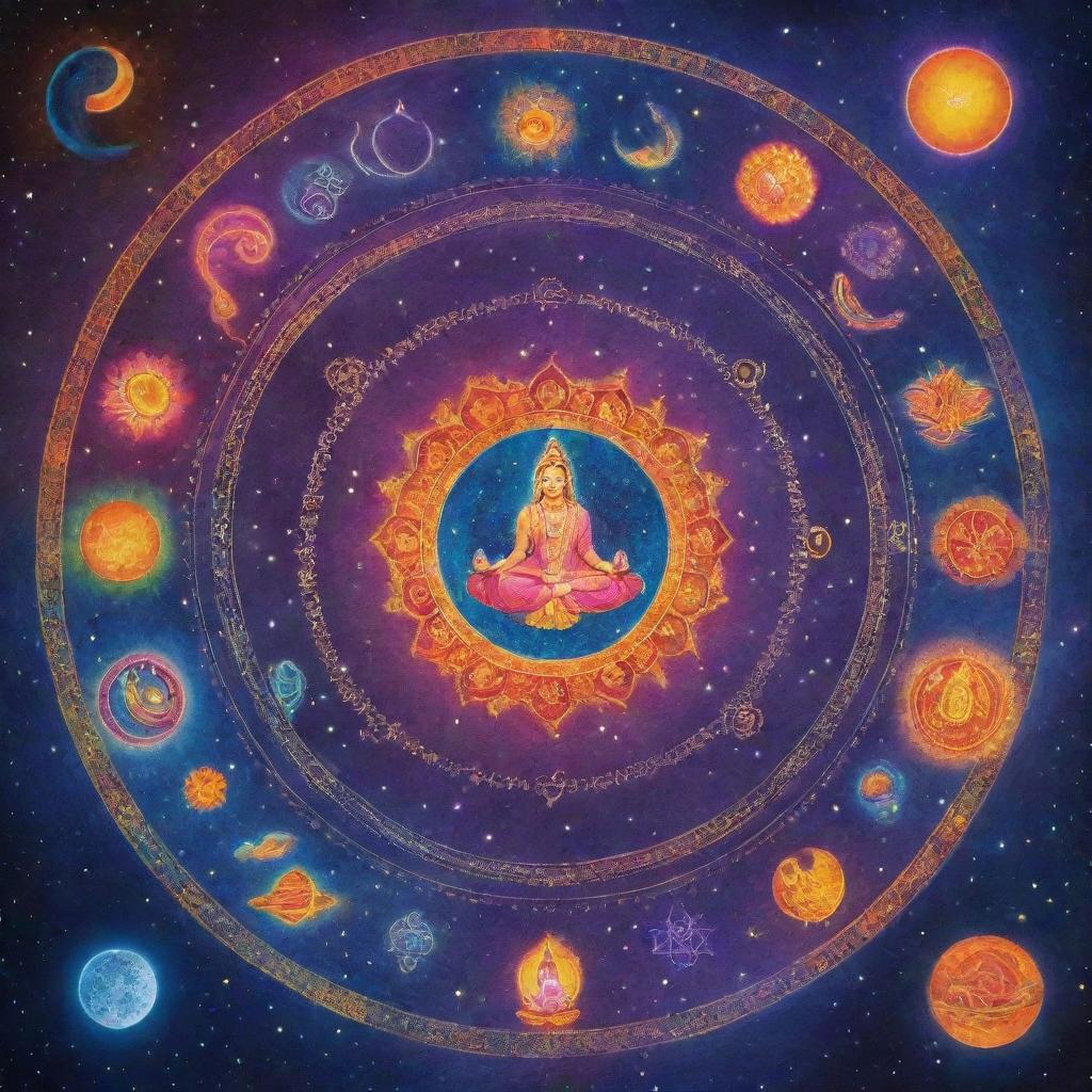 A vibrant Hindu universe, illuminated with celestial bodies, displaying various symbols of Hinduism, lush with cosmic colors representing peace and spirituality.