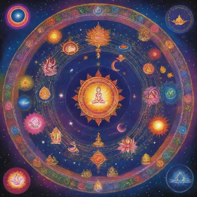 A vibrant Hindu universe, illuminated with celestial bodies, displaying various symbols of Hinduism, lush with cosmic colors representing peace and spirituality.