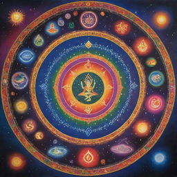 A vibrant Hindu universe, illuminated with celestial bodies, displaying various symbols of Hinduism, lush with cosmic colors representing peace and spirituality.