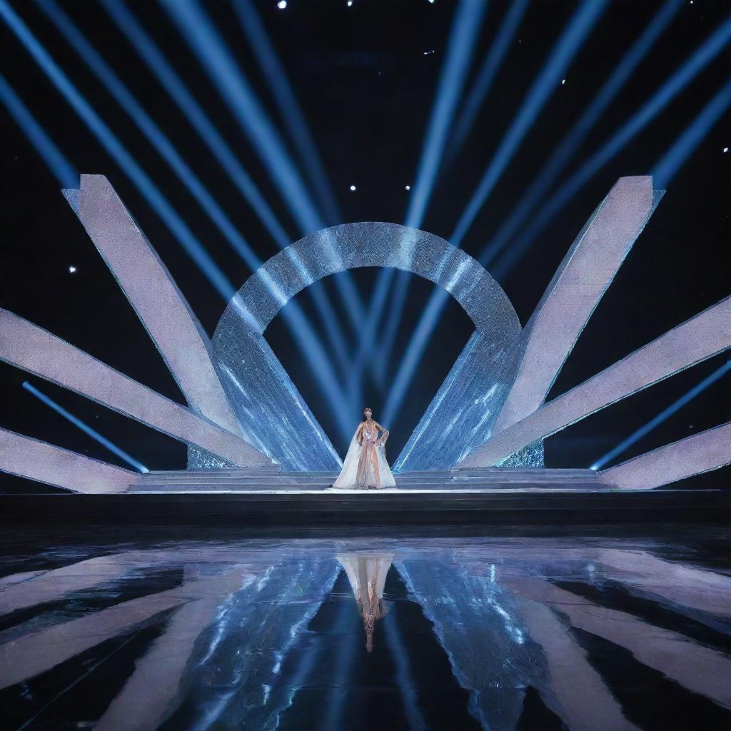 A modern Miss Universe Stage design with an x-shaped runway, featuring aesthetic lights, a grand entrance and a professional set up