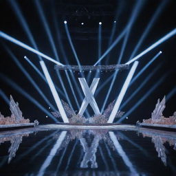 A modern Miss Universe Stage design with an x-shaped runway, featuring aesthetic lights, a grand entrance and a professional set up