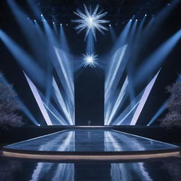 A modern Miss Universe Stage design with an x-shaped runway, featuring aesthetic lights, a grand entrance and a professional set up