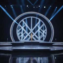 A modern Miss Universe Stage design with an x-shaped runway, featuring aesthetic lights, a grand entrance and a professional set up