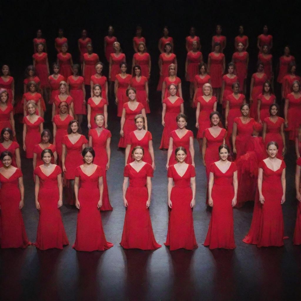 60 women uniformly dressed in brilliant red dresses, standing in the center of a modern, well-lit stage.