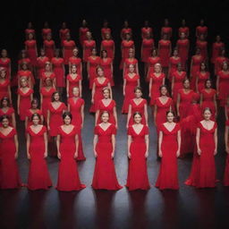 60 women uniformly dressed in brilliant red dresses, standing in the center of a modern, well-lit stage.