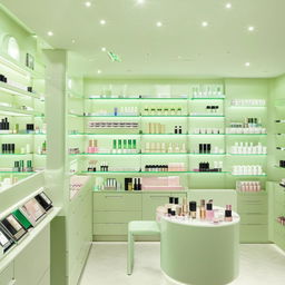 Contemporary cosmetic boutique with a palette of soft mint greens, streamlined shelving, and an array of beauty products.