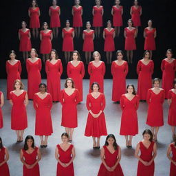 60 women uniformly dressed in brilliant red dresses, standing in the center of a modern, well-lit stage.