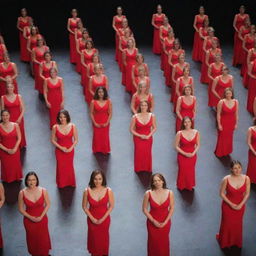 60 women uniformly dressed in brilliant red dresses, standing in the center of a modern, well-lit stage.