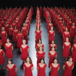 60 women uniformly dressed in brilliant red dresses, standing in the center of a modern, well-lit stage.