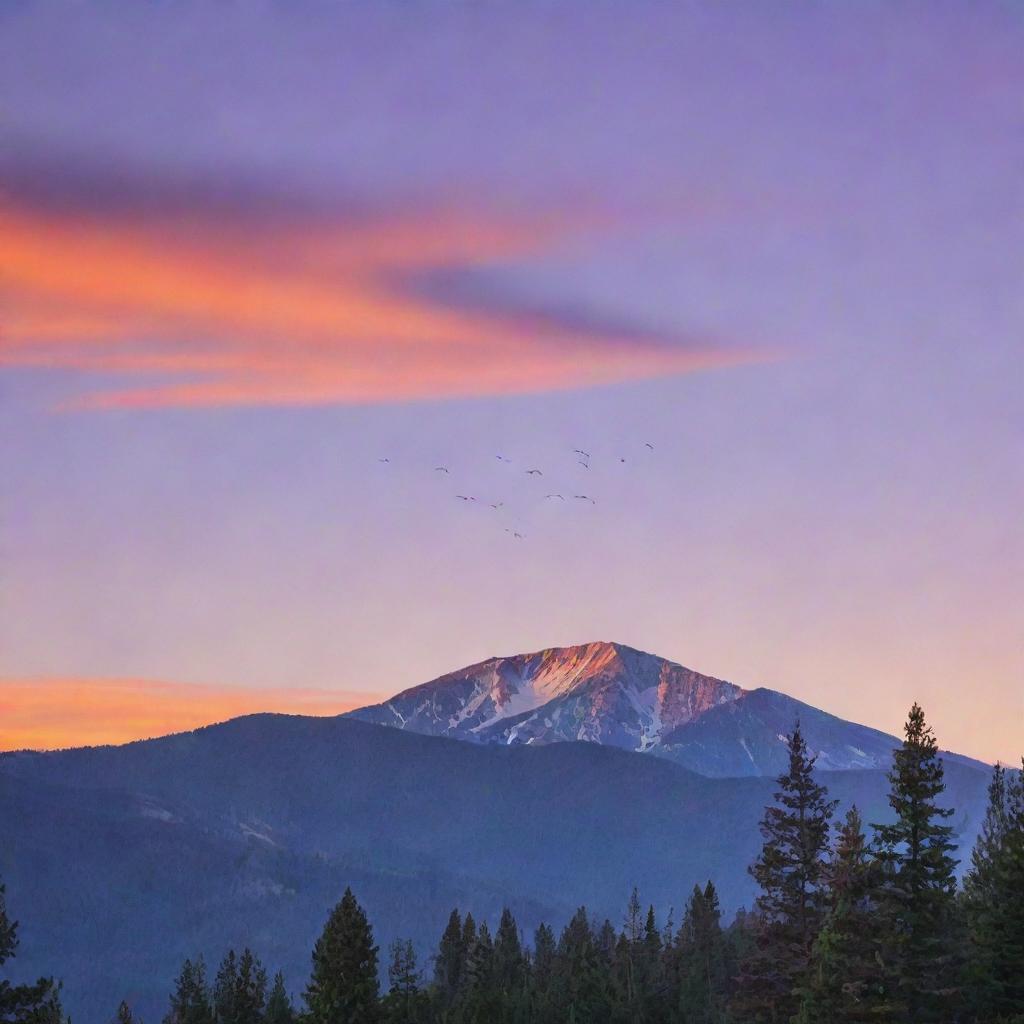 Scenic mountain sunrise with distant birds in flight, under a purple sky transformed by patches of vibrant orange. The mountain is dotted with pine trees.