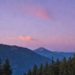 Scenic mountain sunrise with distant birds in flight, under a purple sky transformed by patches of vibrant orange. The mountain is dotted with pine trees.