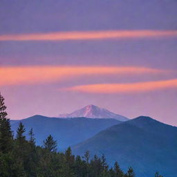 Scenic mountain sunrise with distant birds in flight, under a purple sky transformed by patches of vibrant orange. The mountain is dotted with pine trees.