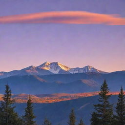 Scenic mountain sunrise with distant birds in flight, under a purple sky transformed by patches of vibrant orange. The mountain is dotted with pine trees.