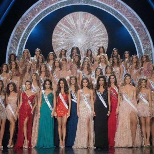 Twenty-five beauty pageant candidates confidently standing on a stunningly modern Miss Universe stage