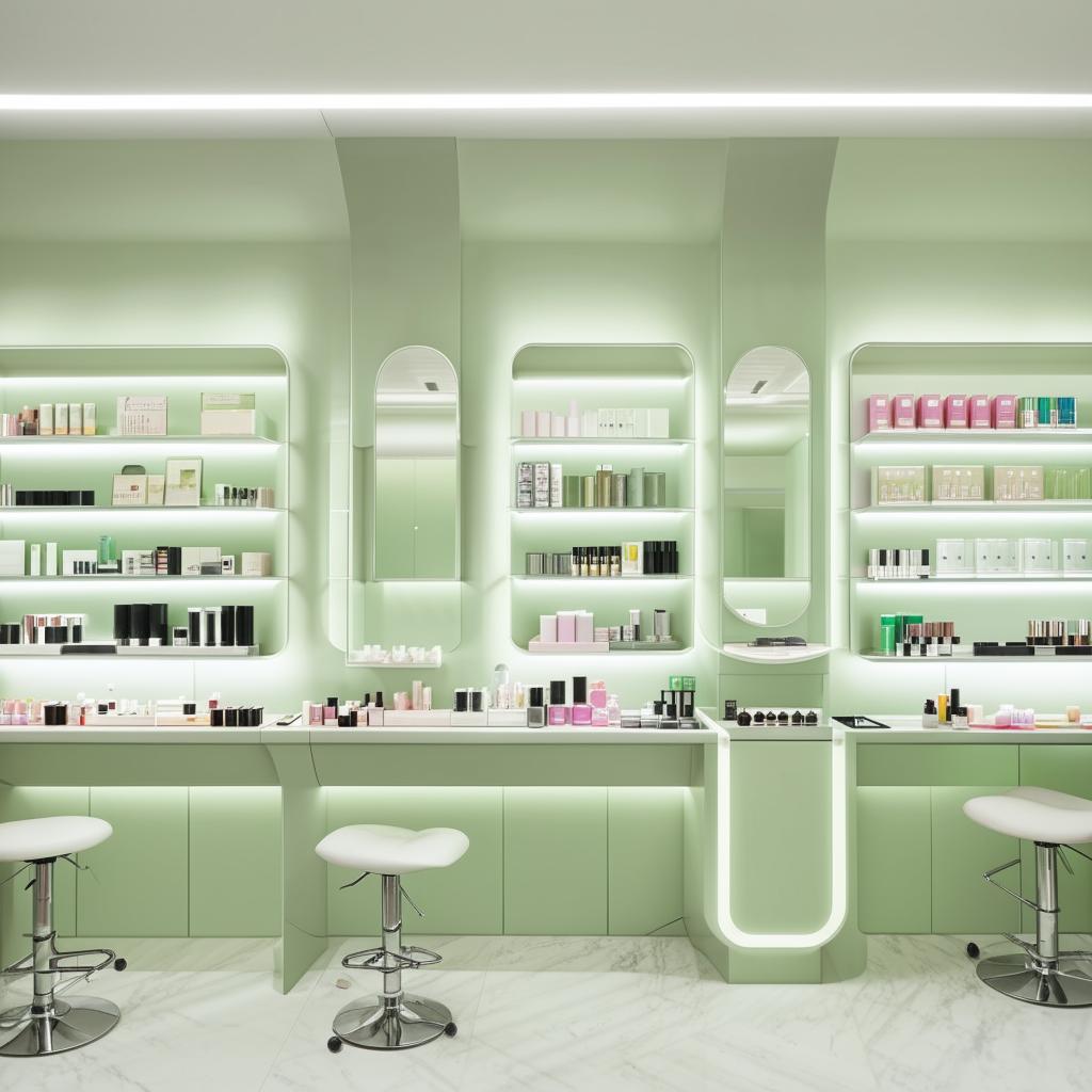 Contemporary cosmetic boutique with a palette of soft mint greens, streamlined shelving, and an array of beauty products.