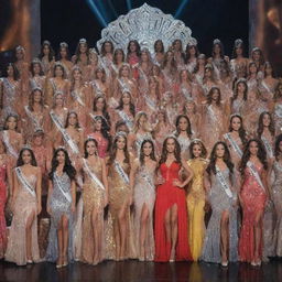 Twenty-five beauty pageant candidates confidently standing on a stunningly modern Miss Universe stage