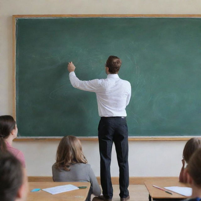 A professional and passionate teacher standing at the front of a classroom, chalk in hand, explaining complex concepts on a traditional chalkboard.