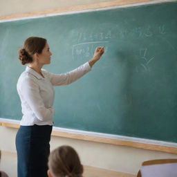 A professional and passionate teacher standing at the front of a classroom, chalk in hand, explaining complex concepts on a traditional chalkboard.