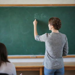 A professional and passionate teacher standing at the front of a classroom, chalk in hand, explaining complex concepts on a traditional chalkboard.