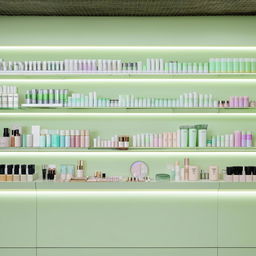 Contemporary cosmetic boutique with a palette of soft mint greens, streamlined shelving, and an array of beauty products.