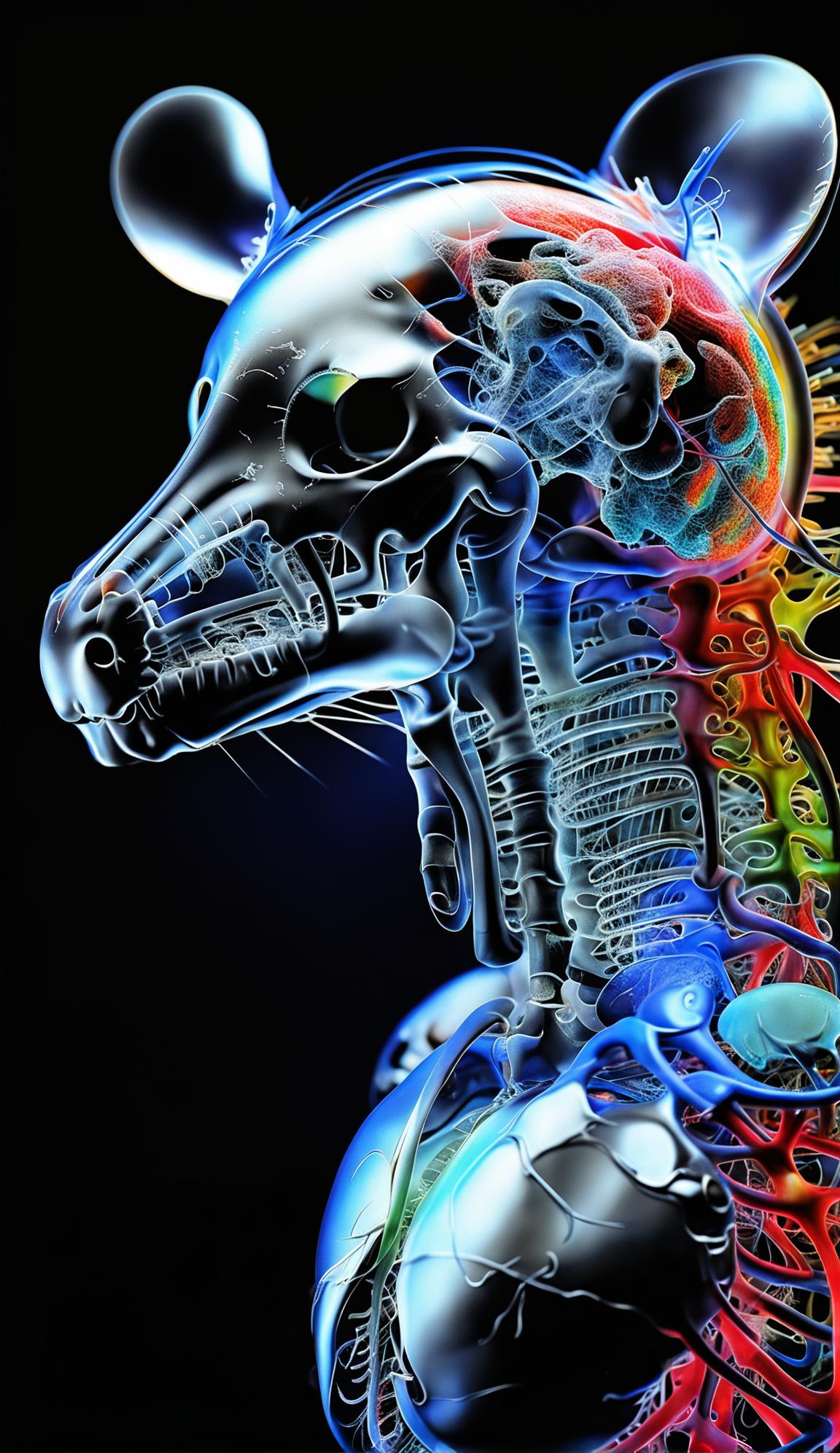 A 4D X-ray image of a rat's skeleton and internals in black, white, red and gray against a backdrop of colorful biomorphic forms in an imaginative spacescape.