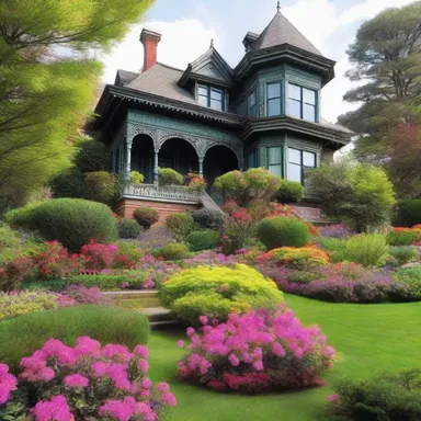 The elegant Victorian house featured an ornate garden filled with colorful orpines.