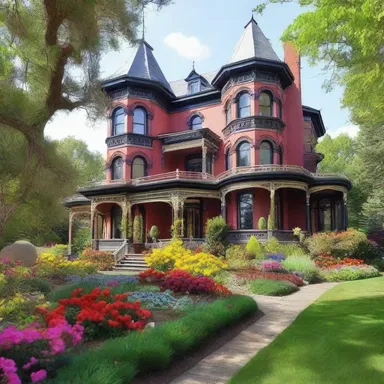 The elegant Victorian house featured an ornate garden filled with colorful orpines.
