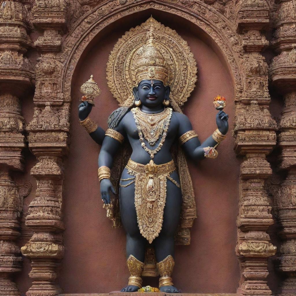 An image of Lord Vitthal (Vithoba), a deity prominent in Hindu tradition, prominently displayed against a backdrop of a traditional Hindu temple, with ornate detailing and embellishments.