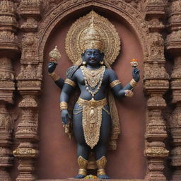 An image of Lord Vitthal (Vithoba), a deity prominent in Hindu tradition, prominently displayed against a backdrop of a traditional Hindu temple, with ornate detailing and embellishments.