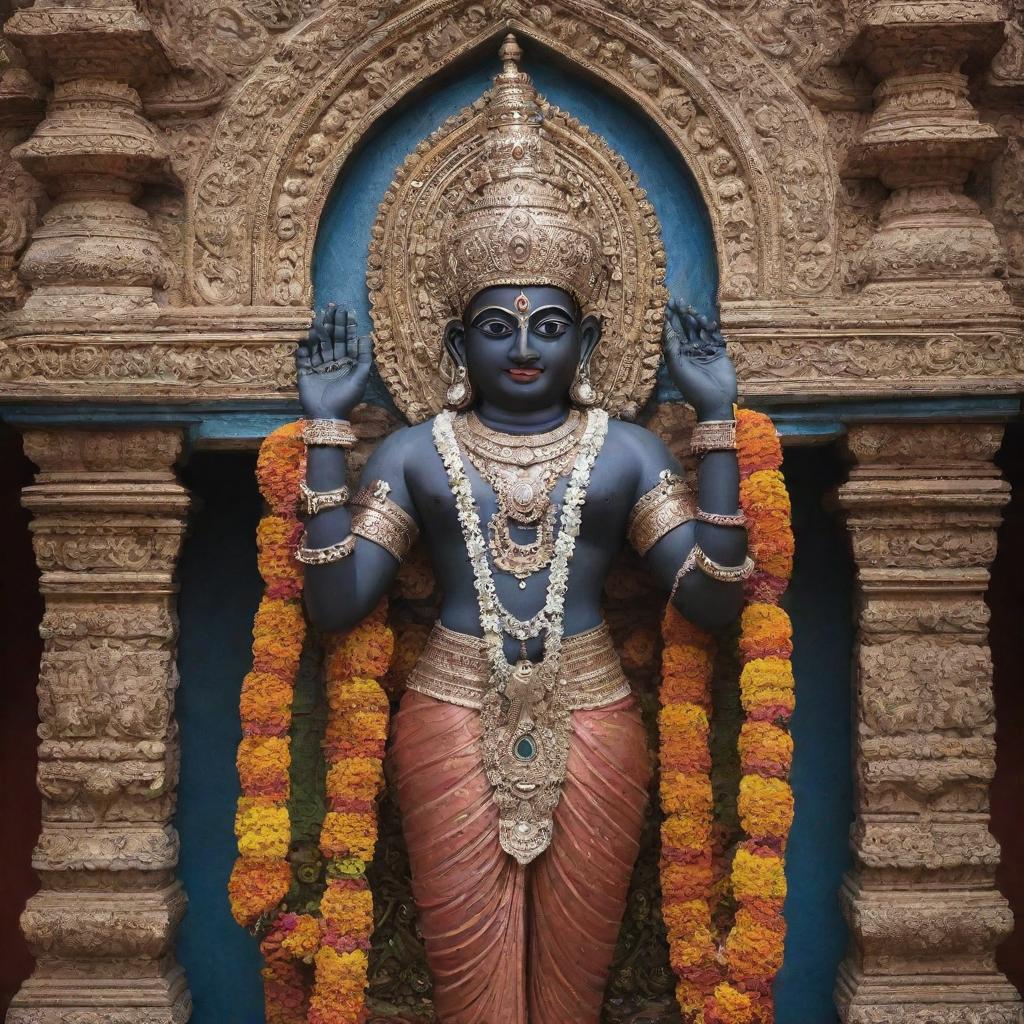 An image of Lord Vitthal (Vithoba), a deity prominent in Hindu tradition, prominently displayed against a backdrop of a traditional Hindu temple, with ornate detailing and embellishments.